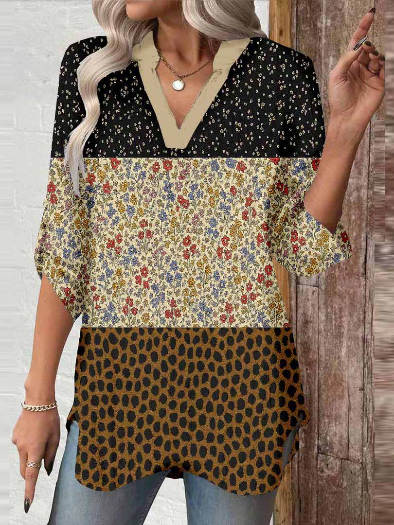 Women Floral,Black,Brown,Beige DZGA0301 3/4 Sleeve V-neck Printed Graphic Button Tops