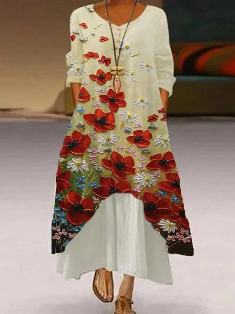 Women Clothes Spring Summer 2022 Plus Size 5xl Elegant Flowers Print Long Sleeve Vintage Asymmetrical Hem Casual Loose Dress