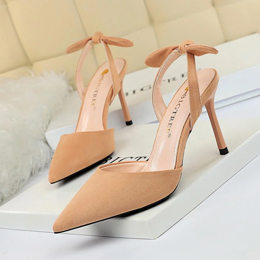 Fashion stiletto suede shallow mouth pointed toe hollow back strap small bow sandals
