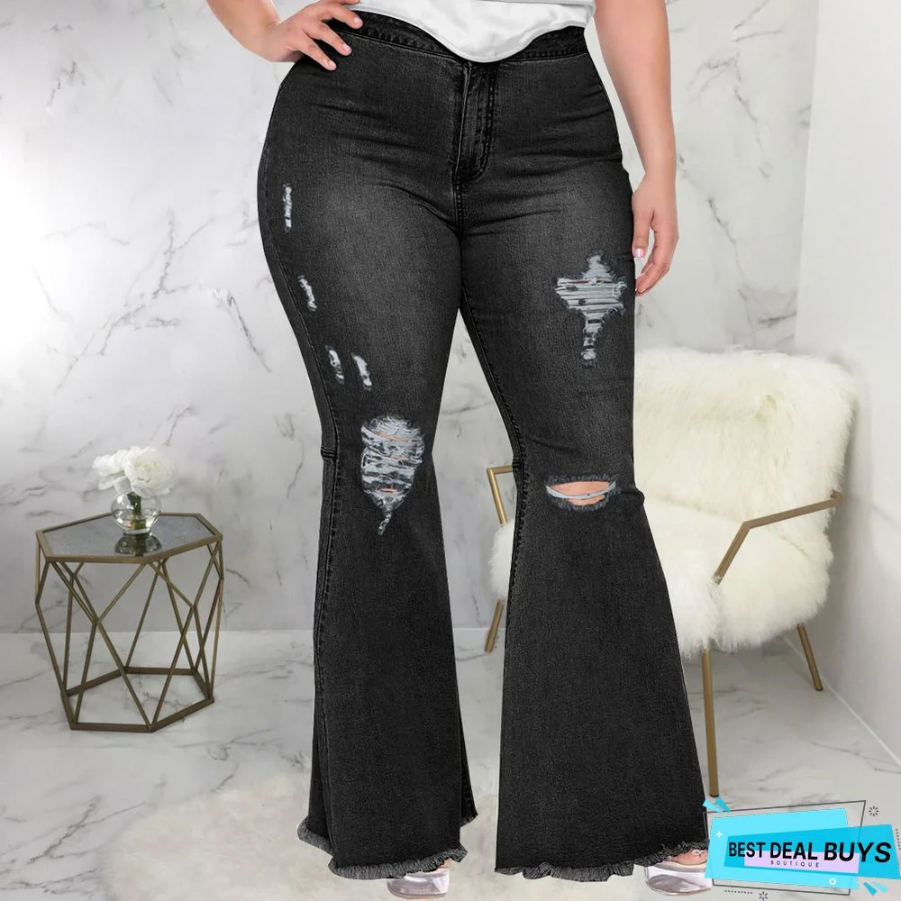 Trendy Slim Wide Leg Ripped Plus Size Bell Bottom Denim Pants