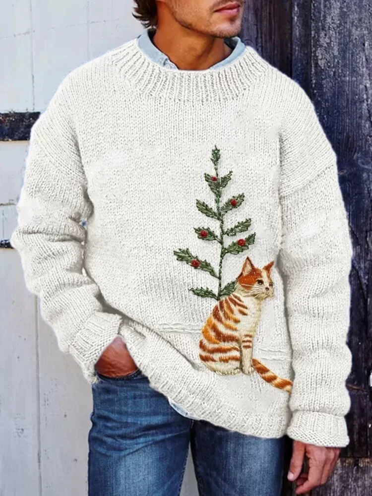 Men's Christmas Tree Cat Felt Embroidery Cozy Print Knit Sweatshirt