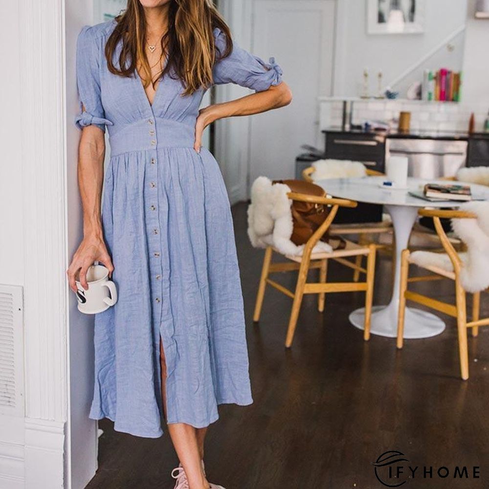 V neck plunge women dress Side slit button up summer dress Fashion bohemian dress midi vestidos mujer | IFYHOME