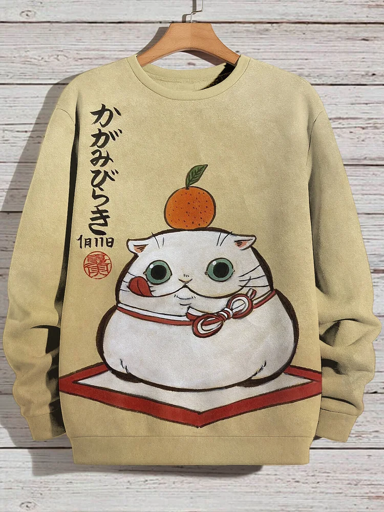 Men's Japanese Cat Funny Art Print Casual Sweatshirt