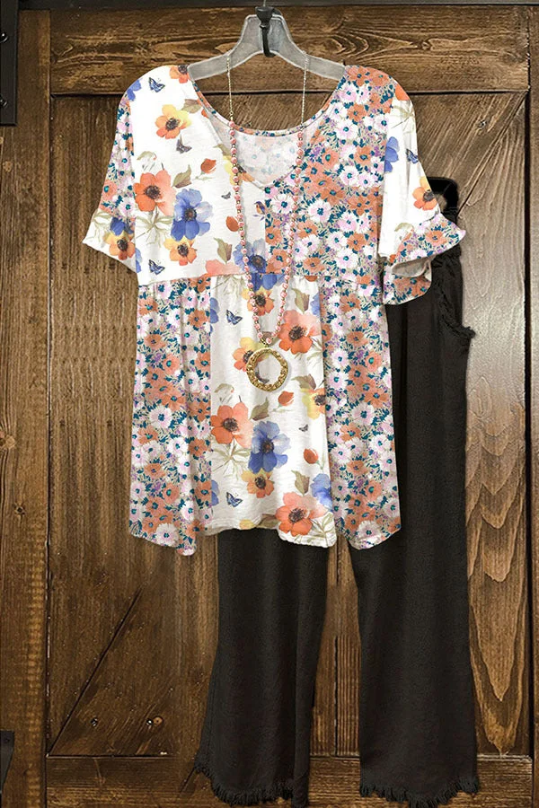 Women's Fresh Floral Short Sleeve Patchwork T-Shirt