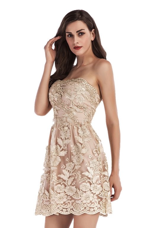 Champagne Embroidered Strapless Backless Prom Dress - Chicaggo