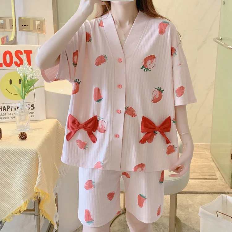 Cartoon Fruits Print Casual Pajamas Set - Modakawa modakawa