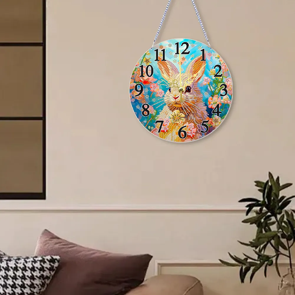 5D DIY Rabbit Acrylic Special Shape Diamond Painting Clock Art Craft for Home Decor