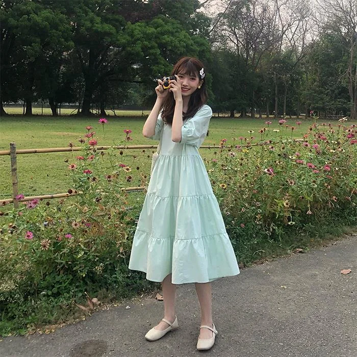 Dresses Women Loose Female Summer Kawaii Fashion Korean Style Sweet All-match Round Neck Ulzzang Mujer Ropa Vestidos Pure Color