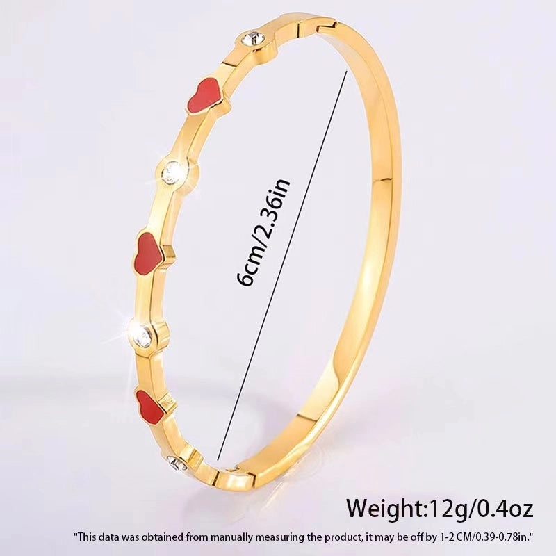 304 Stainless Steel 18K Gold Plated Sweet Minimalist Enamel Inlay Heart Shape Rhinestones Bangle
