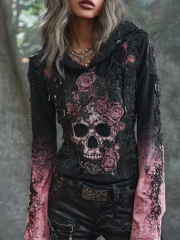 A Retro Women's Black-pink Gradient Hooded Top With Gothic Skull And Floral Elements Design For Halloween.