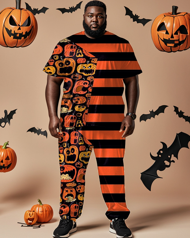 Halloween Pumpkin Striped Short-sleeved T-shirt Plus Size Men's Suit