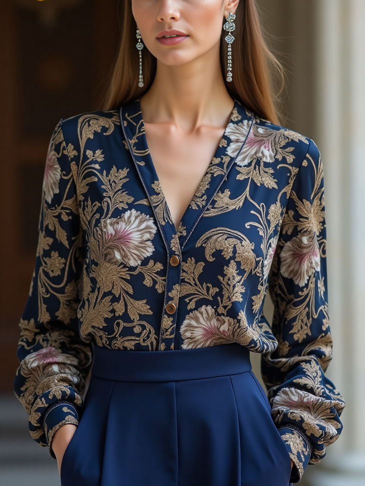 Floral Print V Neck Button Long Sleeve Vintage Shirt