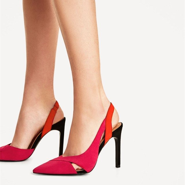 Red Stiletto Heels Pointy Toe Slingback Pumps Office Shoes |FSJ Shoes