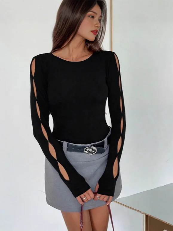 Nigikala Nigikala Women's Casual Long-Sleeved Round-Neck Solid-Colored Hollow T-Shirt