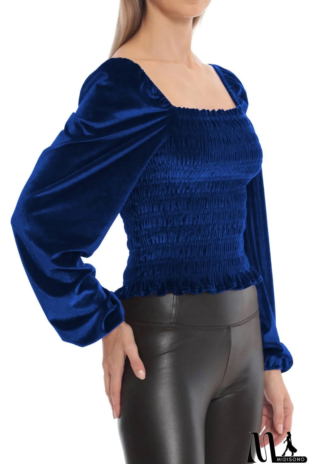 MidiSono - Smocked Square Neck Long Sleeve Blouse