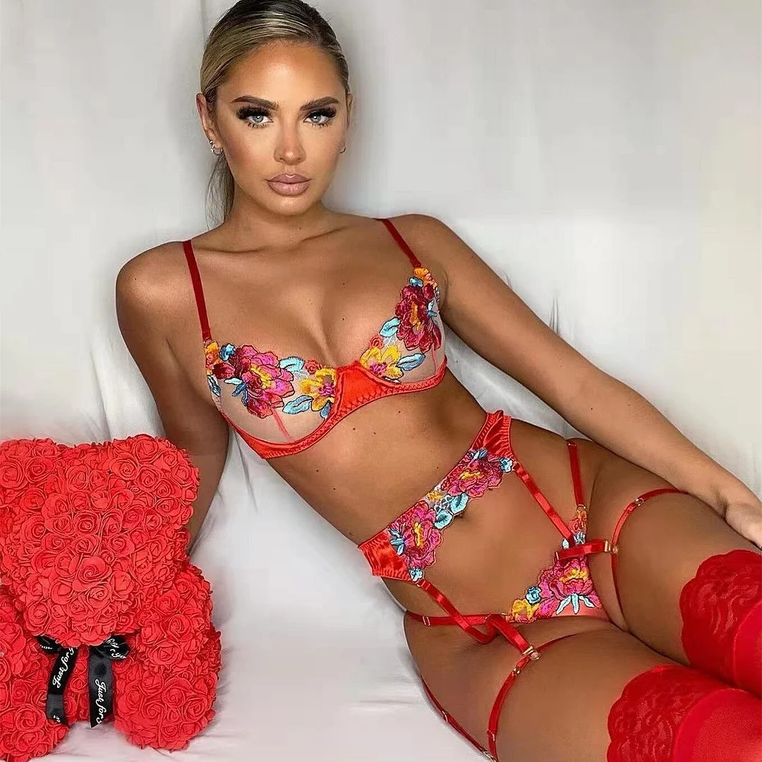 MIRABELLE Sensual Lingerie Sexy Lace Transparent Bra Sets 3-Piece Fancy Erotic Underwear Seamless Intimate Short Skin Care Kits