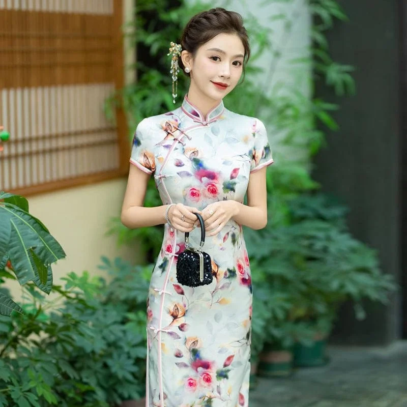 Rose print, 19 mome mulberry silk, high-end long Cheongsam