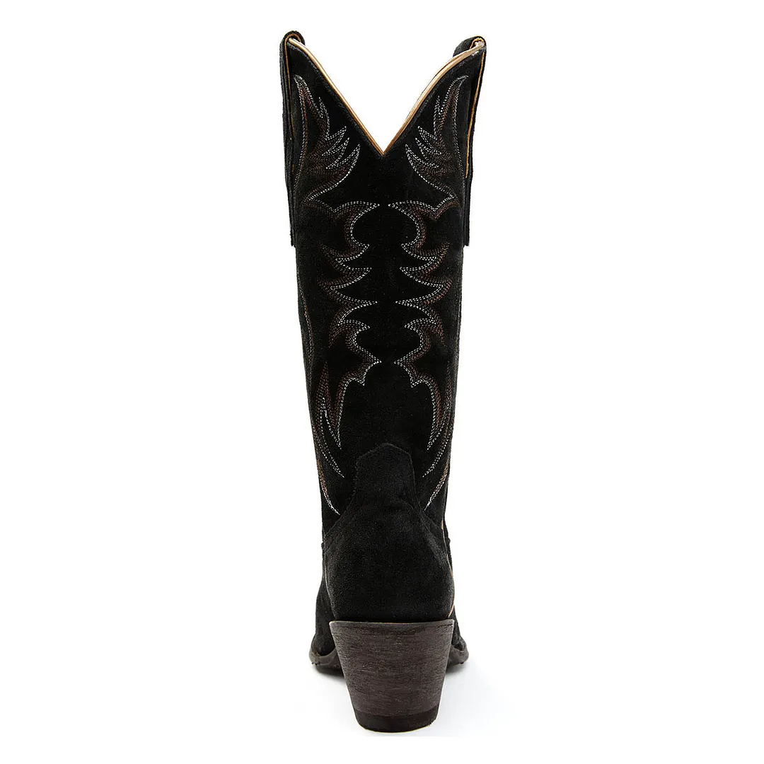 Black Pointed Toe Chunky Heel Wide Calf Cowgirl Boots with Embroidery