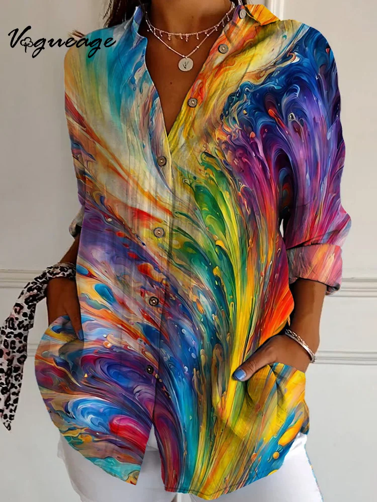 Women's Colorful Oil Painting Style Ink Splashing Long Sleeves Printed Cotton And Linen Shirt