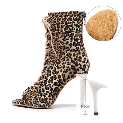 VCshoes Woman Latin Ballroom Leopard Print Modern Dance Shoes Suede Rubber Sole Jazz Salsa Cuban Slim Heels Ladies Open Toe Ankle Boots