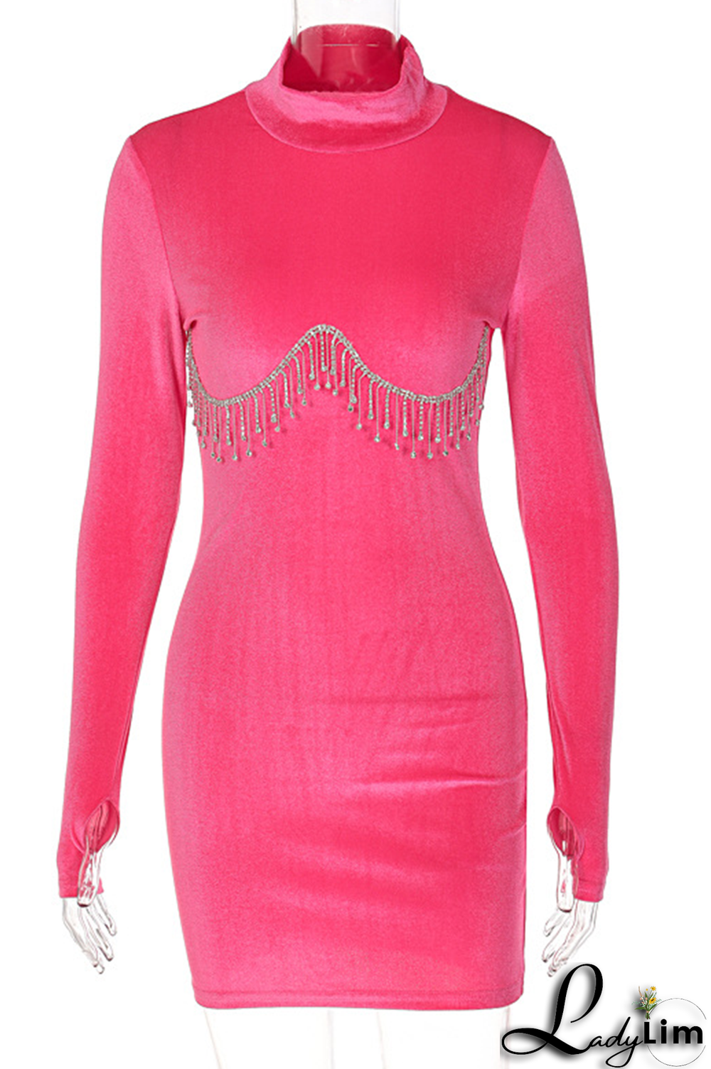 Rose Red Sexy Solid Rhinestone Half A Turtleneck Pencil Skirt Dresses