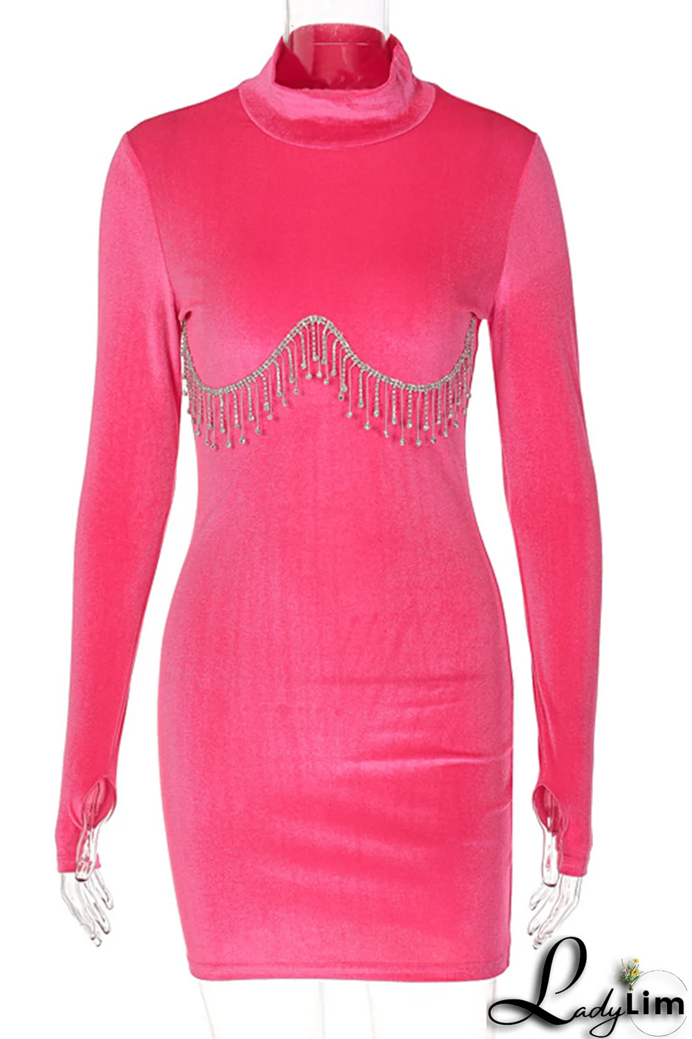 Rose Red Sexy Solid Rhinestone Half A Turtleneck Pencil Skirt Dresses