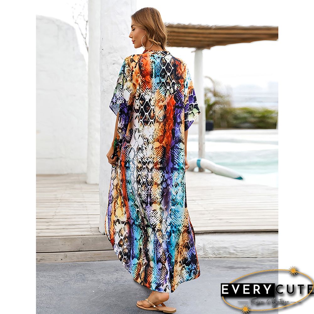 Orange Button-down Holiday Beach Kimono Dress with Pocket