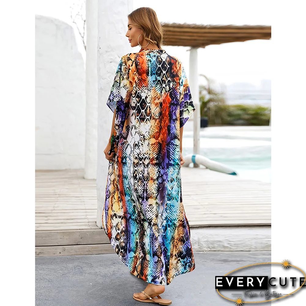 Orange Button-down Holiday Beach Kimono Dress with Pocket