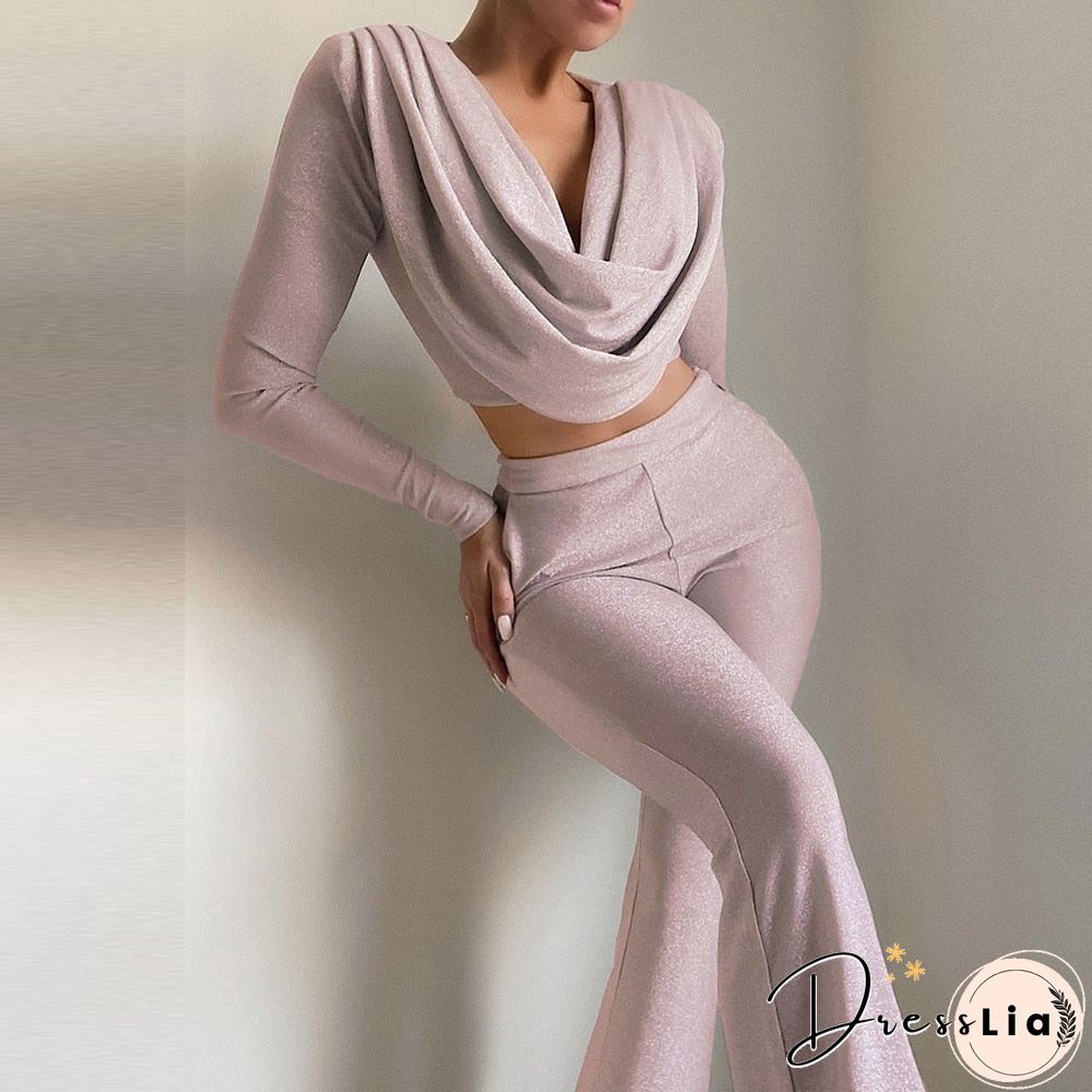 Glitter Draping Long Sleeve Top And Pants Two Piece Set New Arrival Pink 2 Piece Set  Women Autumn Sexy Club Party Outfits