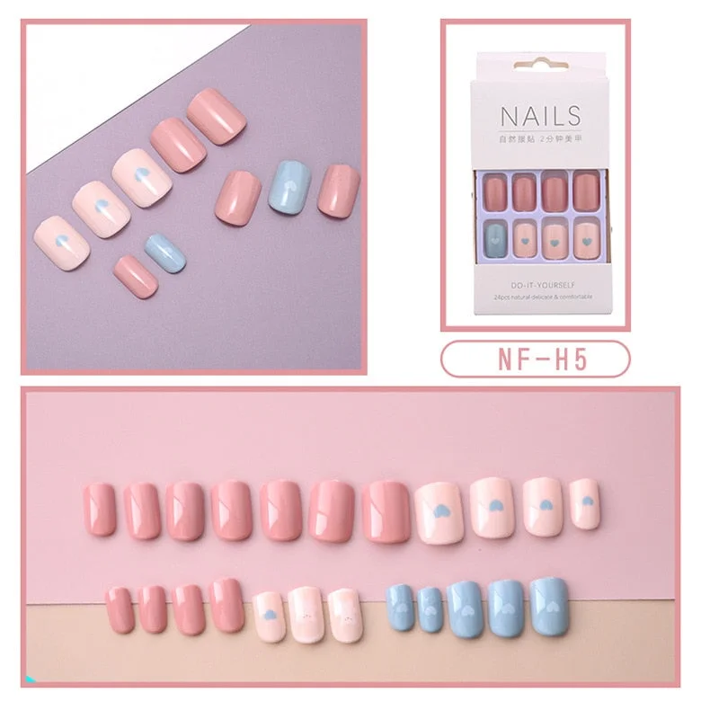 Fashion 24pc/set French Styel Press On False Nail Tips 10 Sizes Fake Nails Full Cover Nail Tips With Nail Adhesive Tab Sticker-Nail Inspo