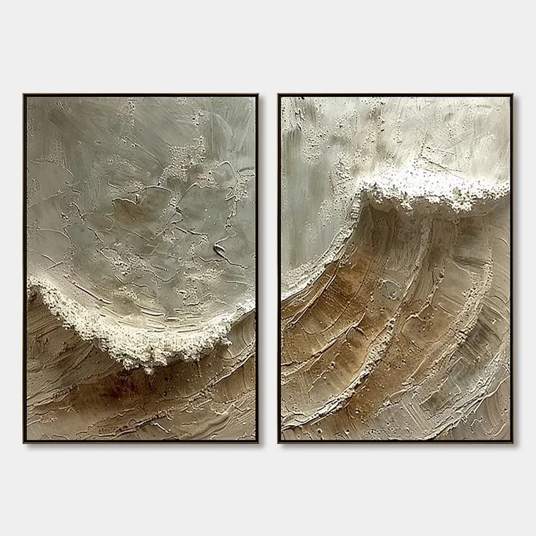 TIDAL WHISPER: Textured Wabi Sabi Coastal Diptych Oil Painting（Canvas painting）