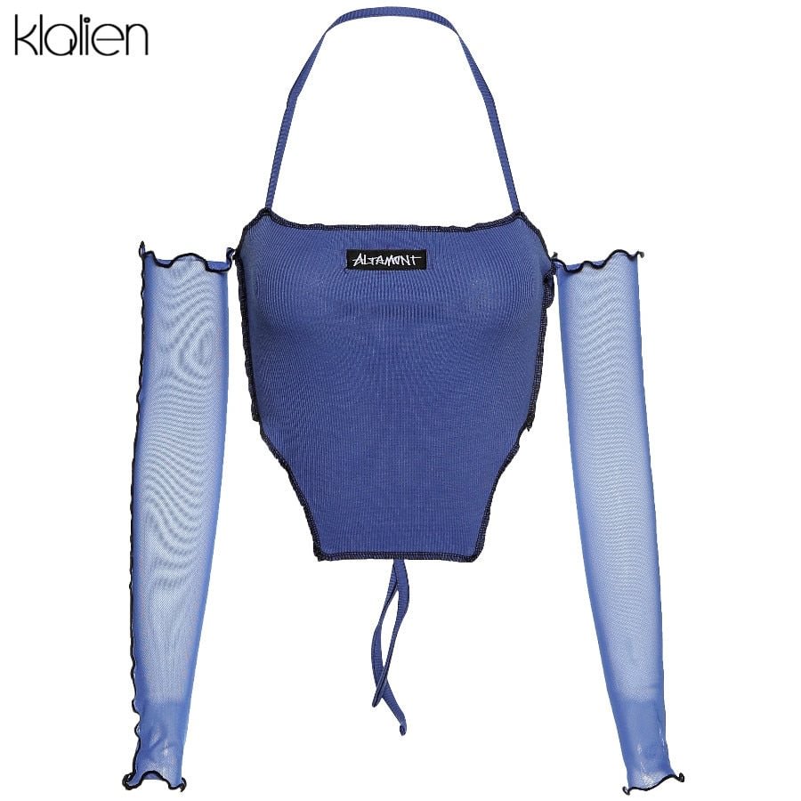KLALIEN fashion casual patchwork letter Halter female t shirt summer mesh sleeve sexy off shoulder office lady slim wild t shirt