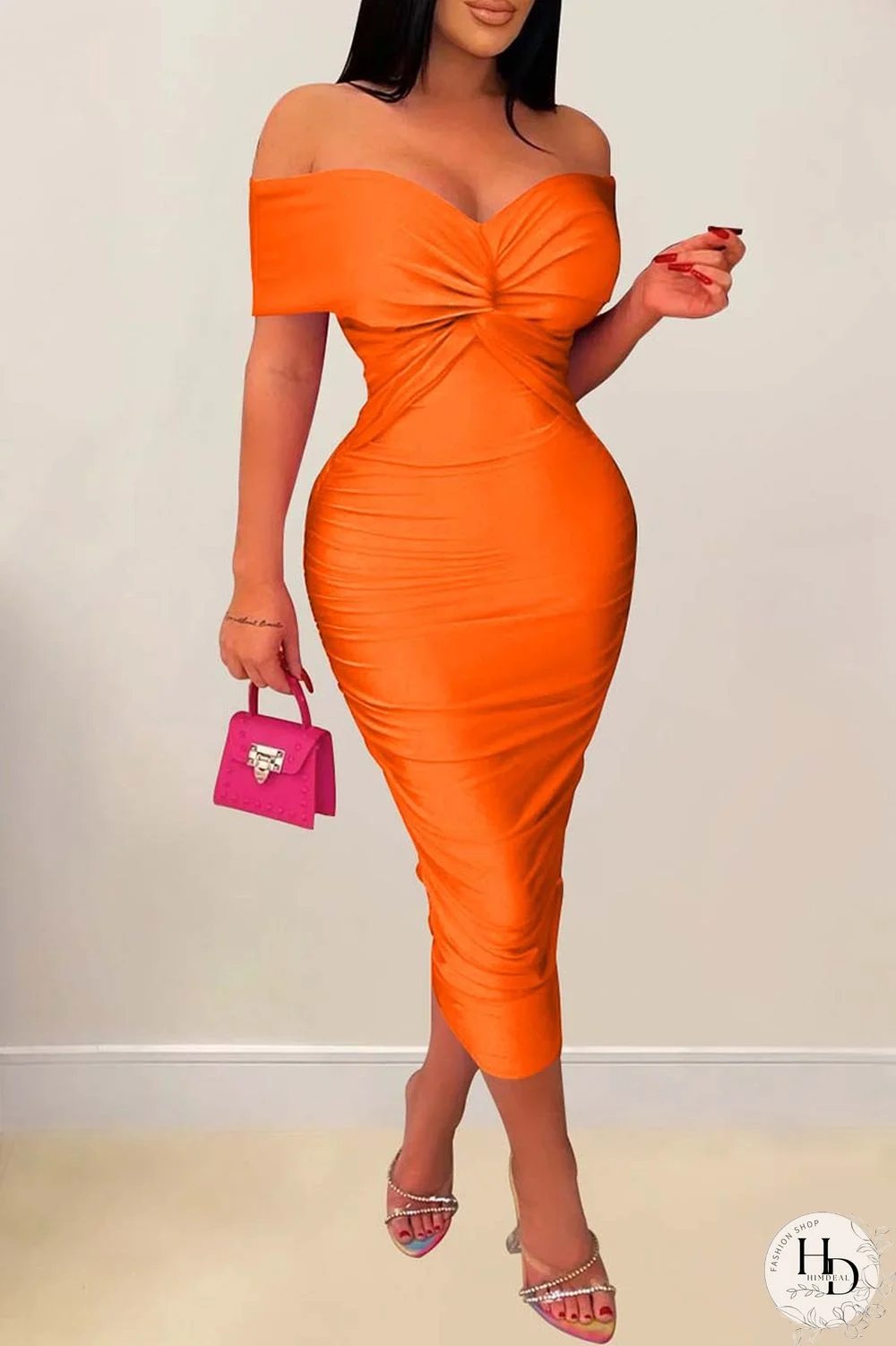 Orange Sexy Solid Backless Off the Shoulder One Step Skirt Dresses