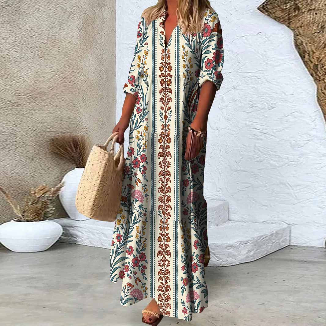 Women Tropical,Red,Blue DZDN0275 SPU Printed Long Sleeve V-neck Maxi Dress