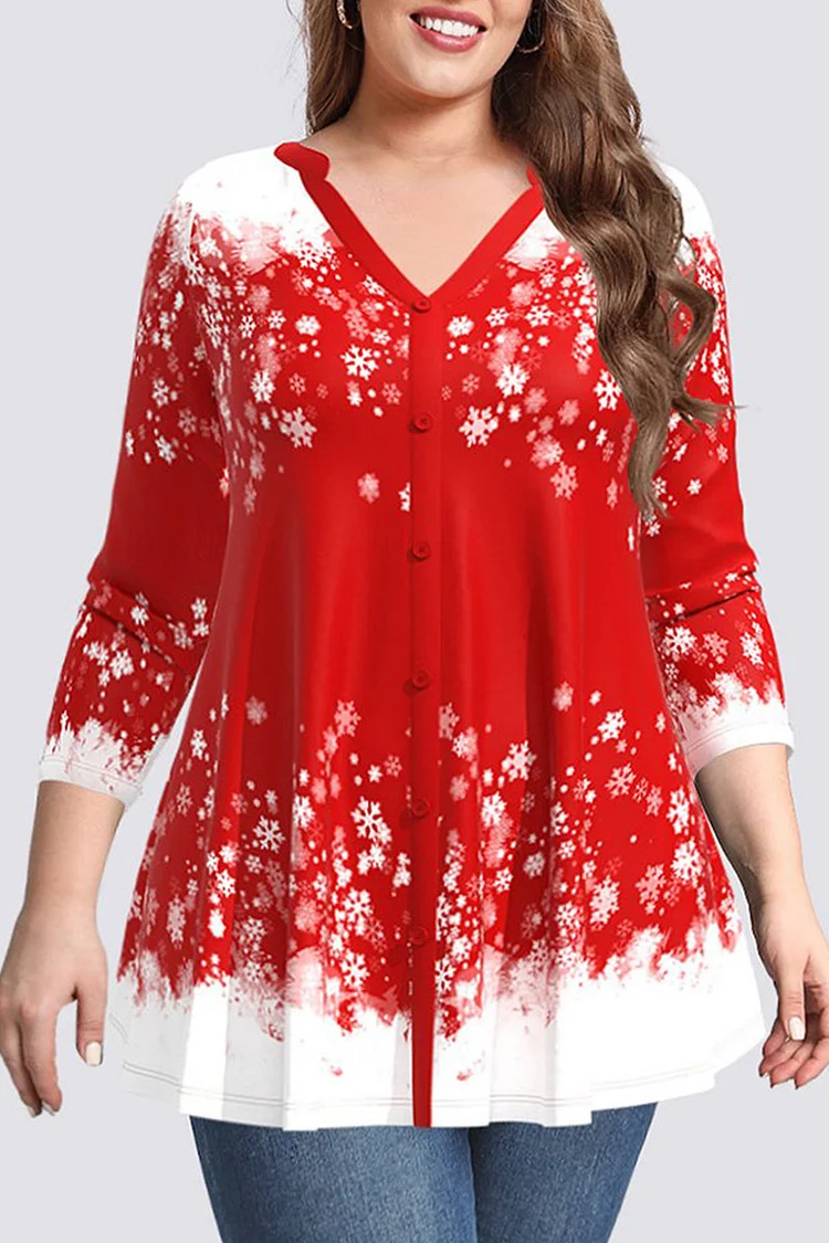 Flycurvy Plus Size Casual Red Ombre Snowflake Print V Neck Blouse  Flycurvy [product_label]
