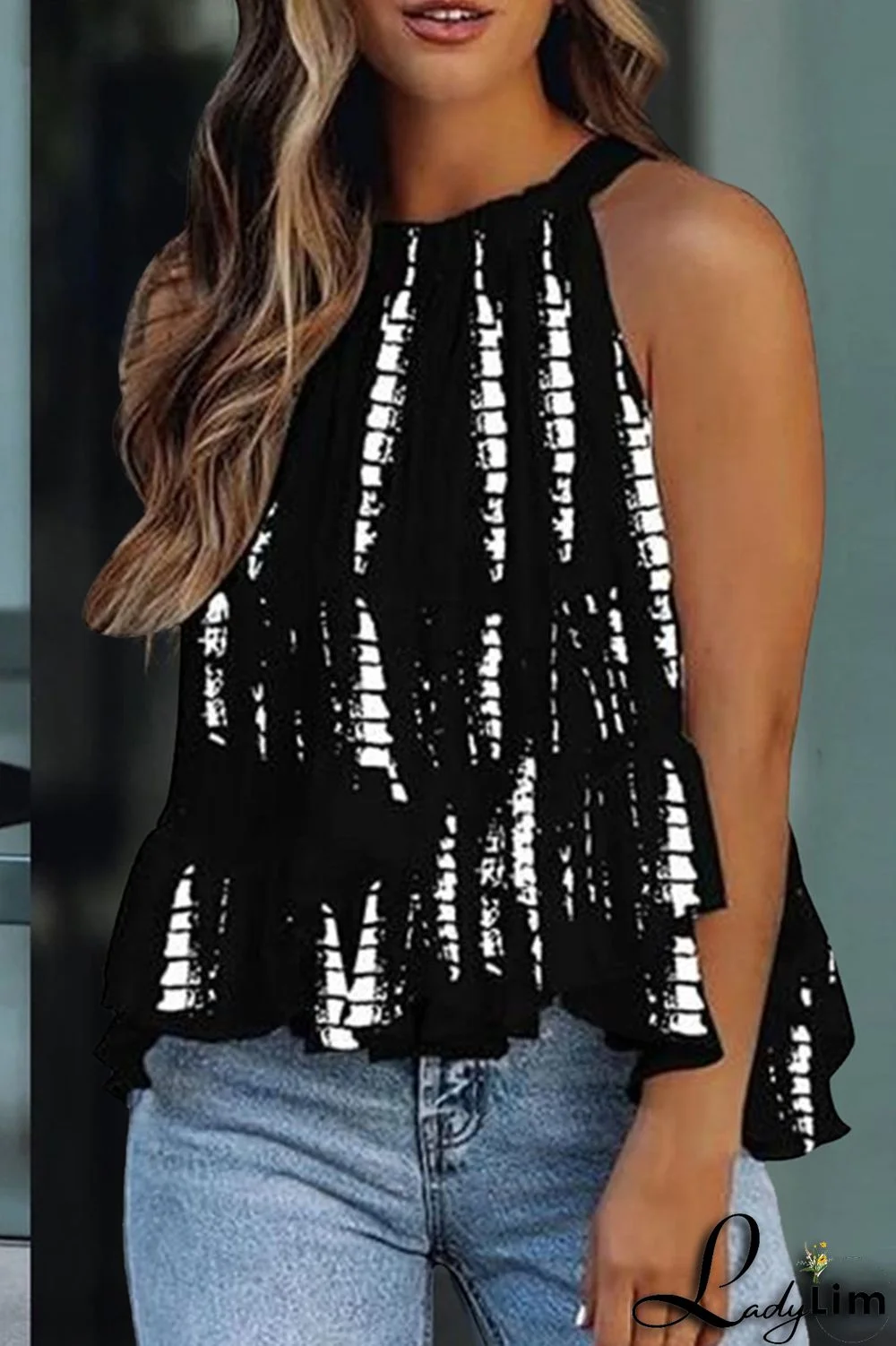 Black Fashion Casual Print Basic O Neck Tops