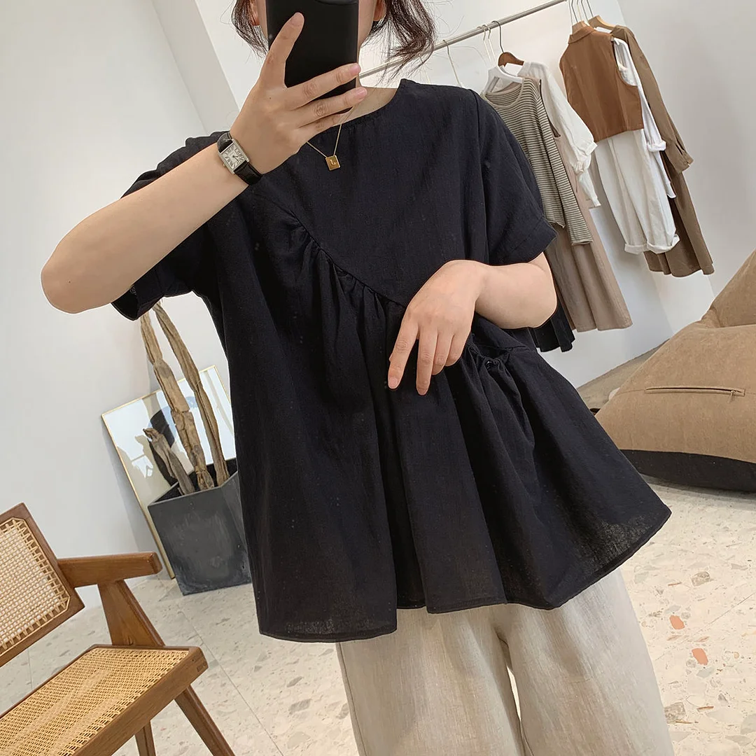 Shirts Women O-neck Short Sleeve Pockets Asymmetrical Loose Solid Simple All-match Korean Style Daily Ladies A-line Female Tops