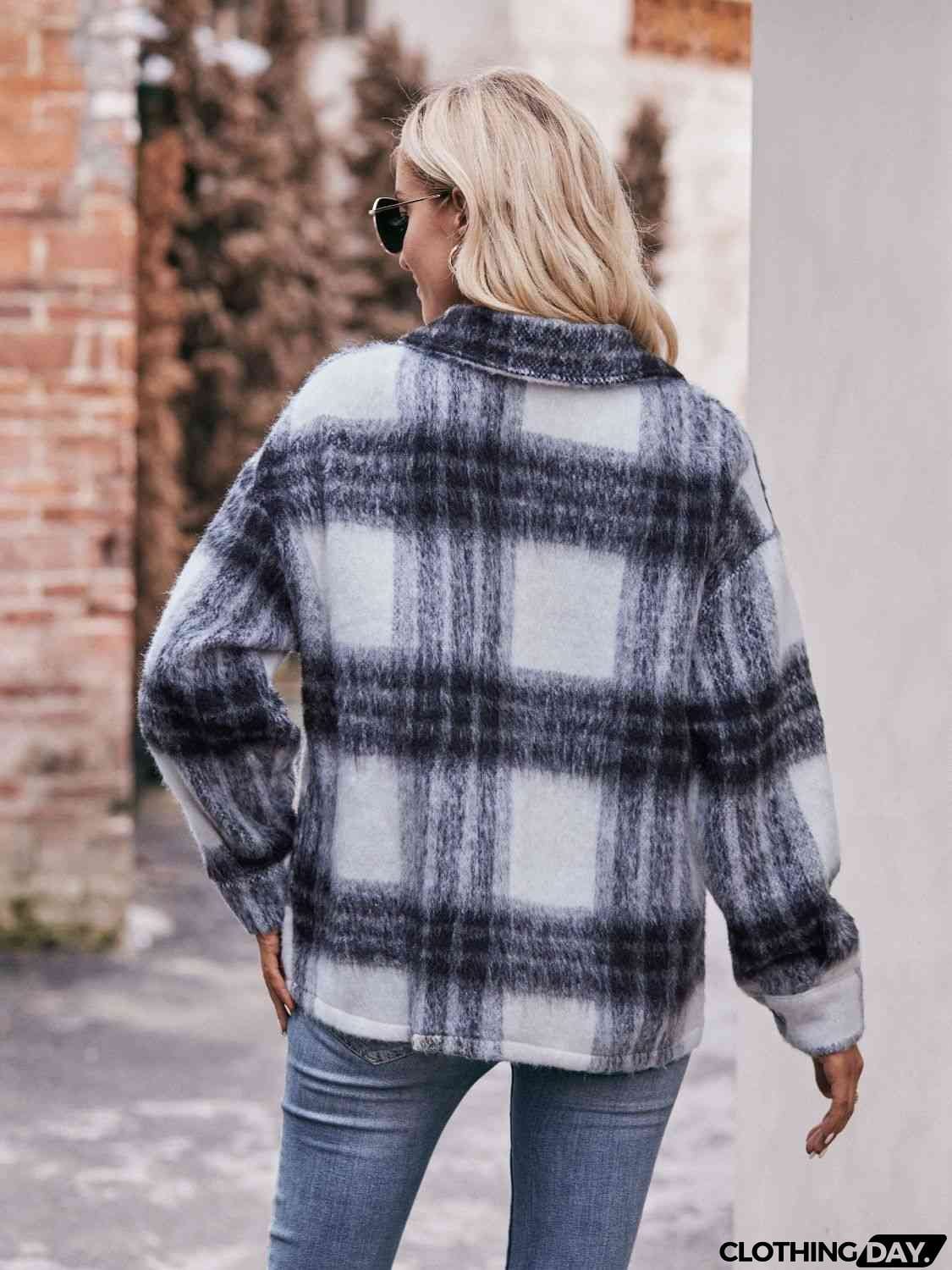 Plaid Dropped Shoulder Collared Jacket