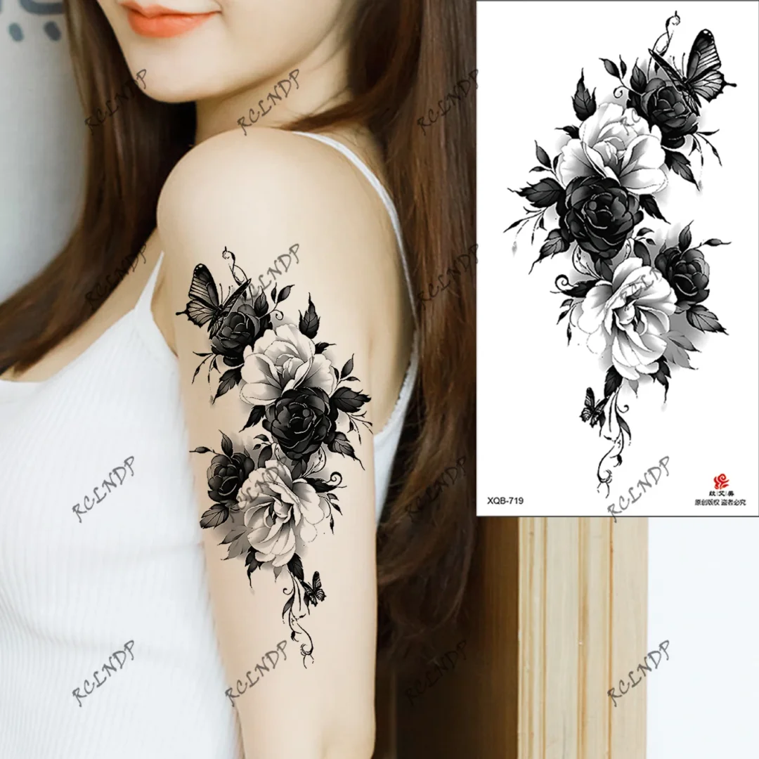 Sdrawing Temporary Tattoo Sticker Rose Flower Butterfly Dragon Whale Wolf Bird Fake Tatto Flash Tatoo Tato for Women