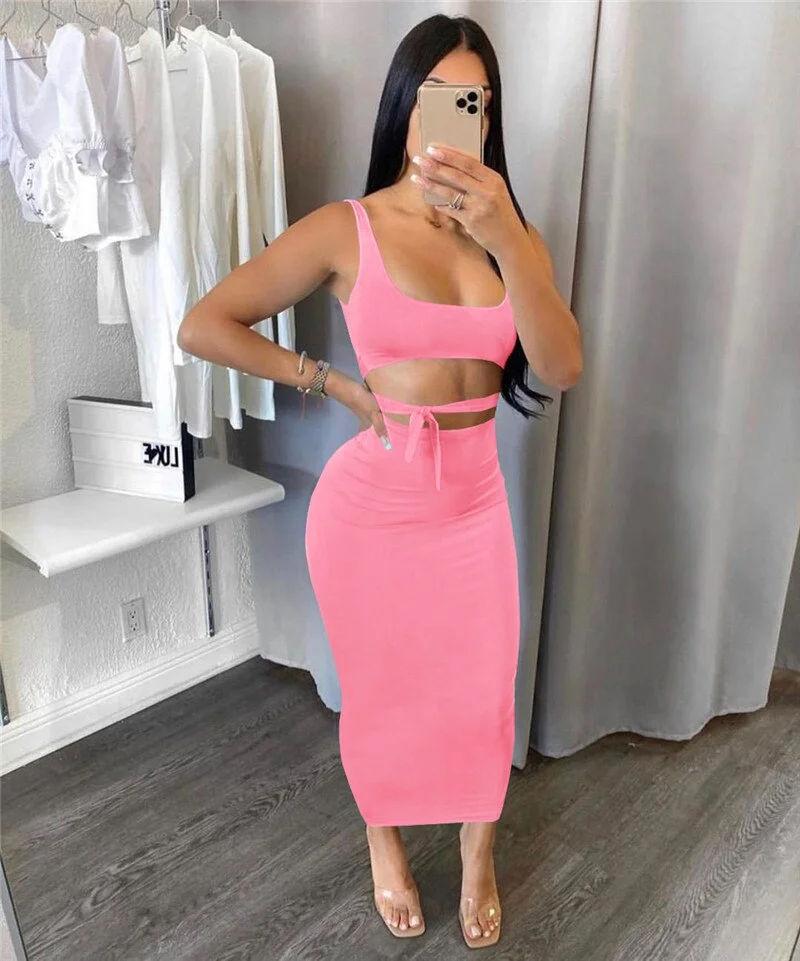 wsevypo Summer Party Solid Color Dress Sets Sexy Women's Two Pieces Lace-up Straps Crop Tank Tops+Maxi Bodycon Skirts 7Colors