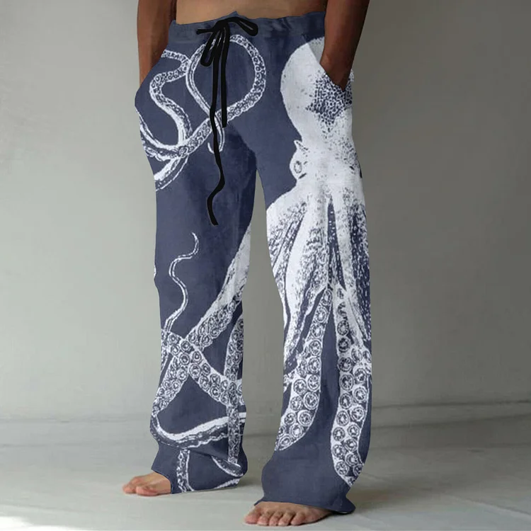 Japanese Art Octopus Print Linen Blend Pants