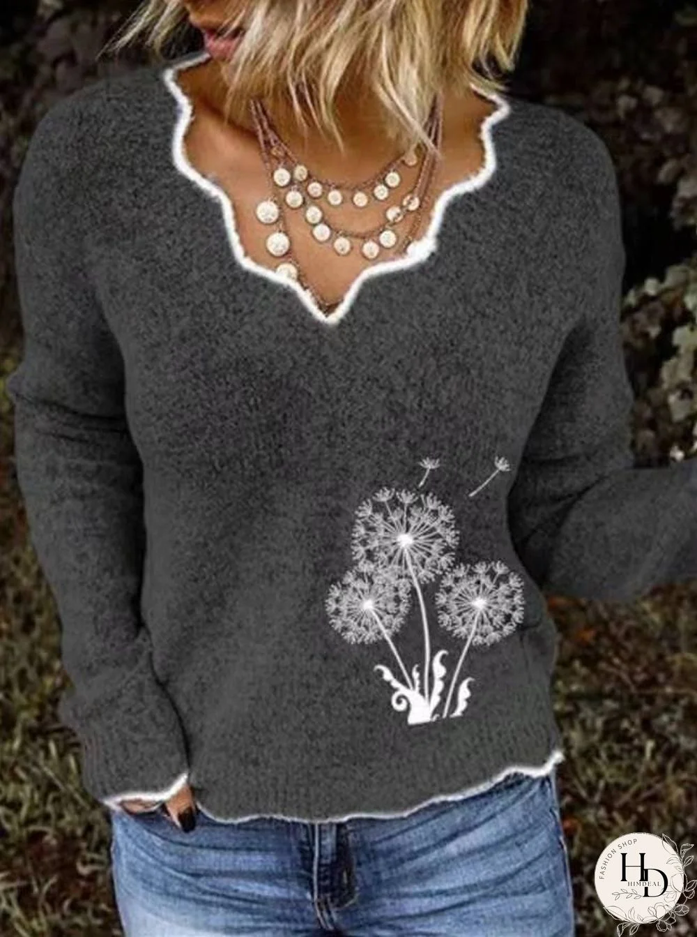 V Neck Floral Printed Knit Sweater