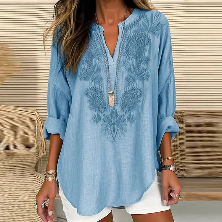 Comstylish Embroidered Art Flower Print V-Neck Long Sleeve Blouse