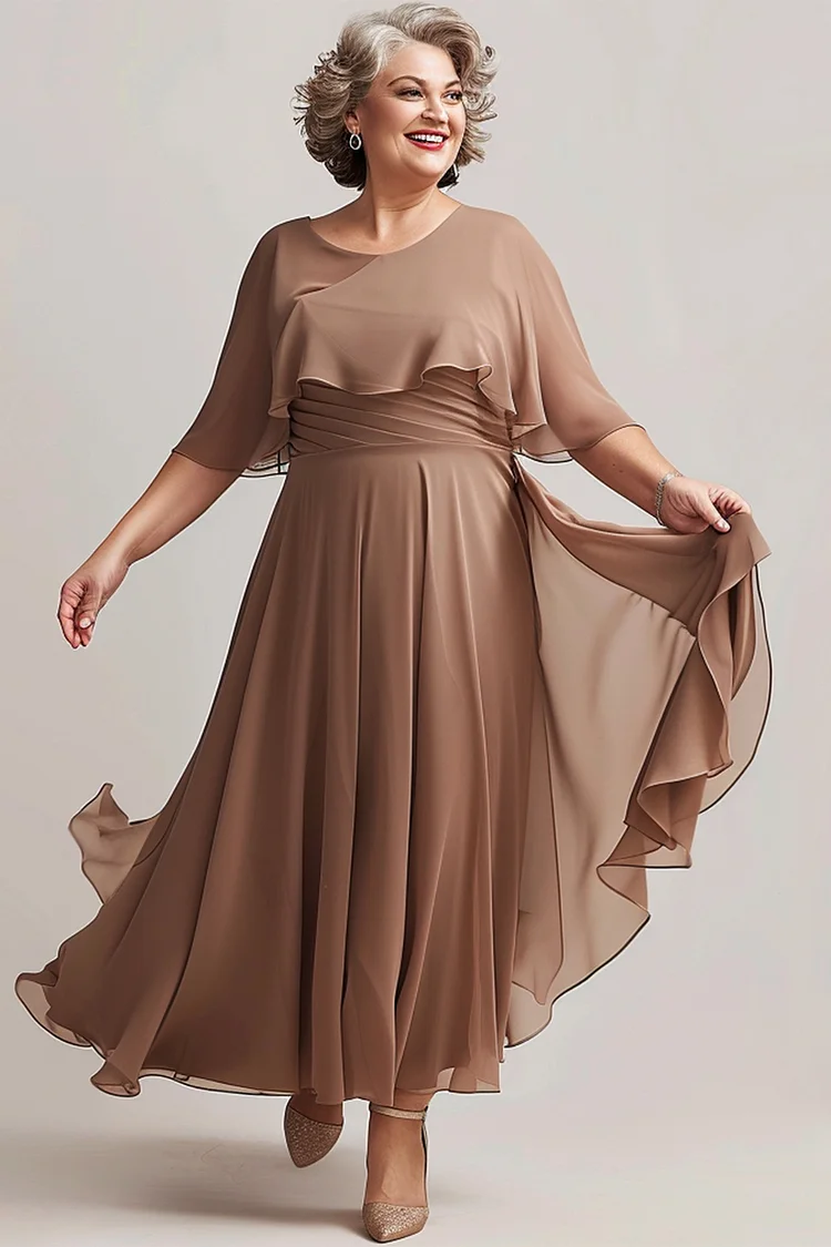Flycurvy Plus Size Mother Of The Bride Brown Chiffon Pleated Cape Maxi Dress  Flycurvy [product_label]