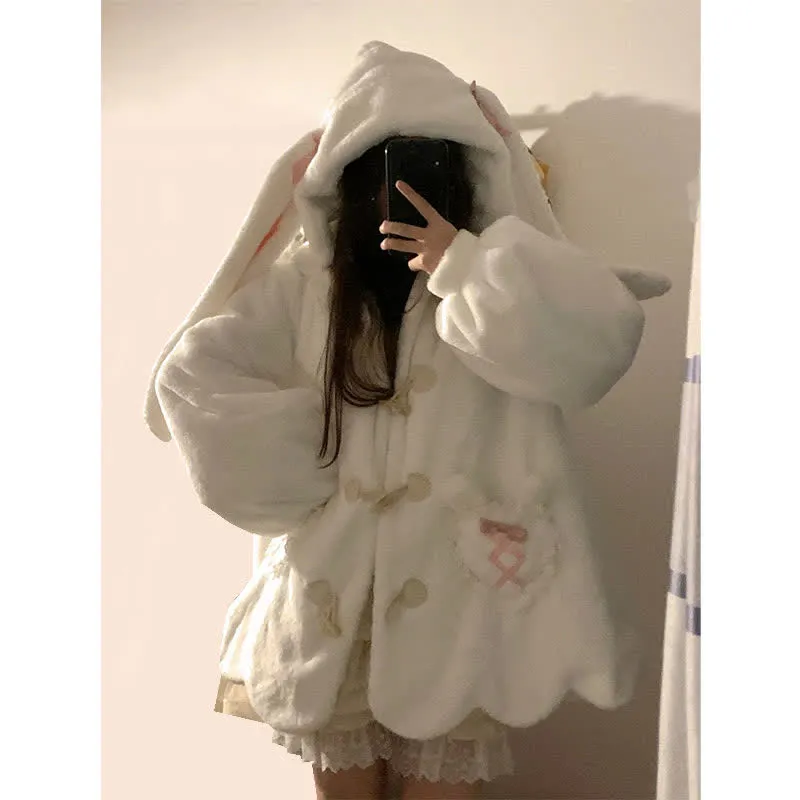 Kawaii Bunny Ears Velvet Loose Hooded Coat Outerwear
