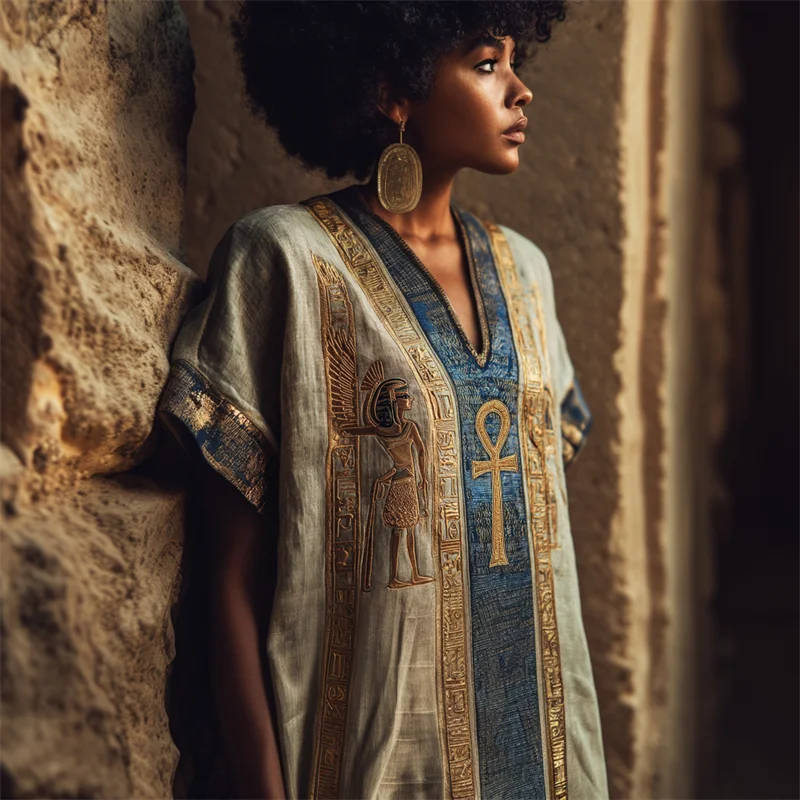 Ankh Ancient Egyptian Godness & Runes Embroidered Linen Dress