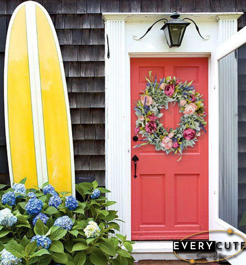 Summer peony wreath for front door - Lambs ear farmhouse wreath