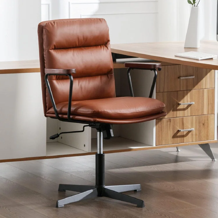 Office Desk Chair No Wheels, Swivel Chair with Retro Wooden Armrests, Criss Cross Legged Armless Computer Chair for Home Office, Mid Century Modern Adjustable Task Chair with Thick Cushion