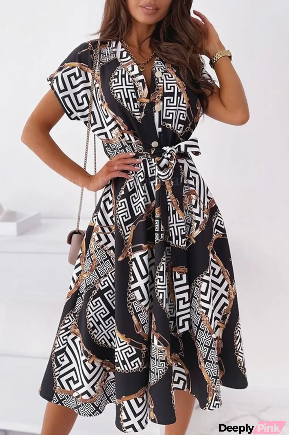 Celebrities Elegant Print Patchwork V Neck Shirt Dress Dresses