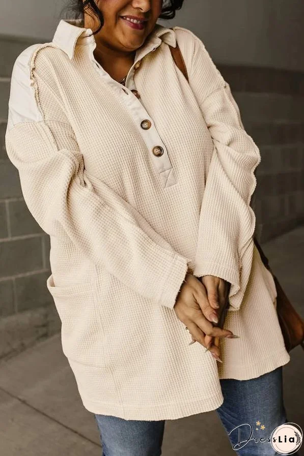 Smoke Green Waffle Patchwork Drop Sleeve Henley Top